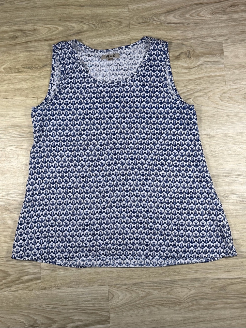FLAX 100% Linen Sleeveless Tunic Top Navy White Artsy Lagenlook Scandi Boho